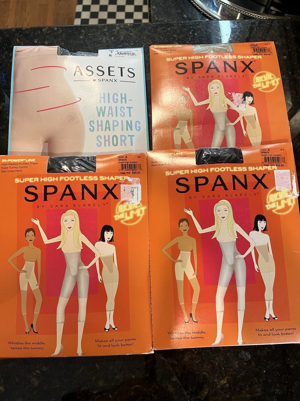 SPANX footless Shaper 1 Nude & 2 Black Sz 4 & High Waist Shaping Short Sz3